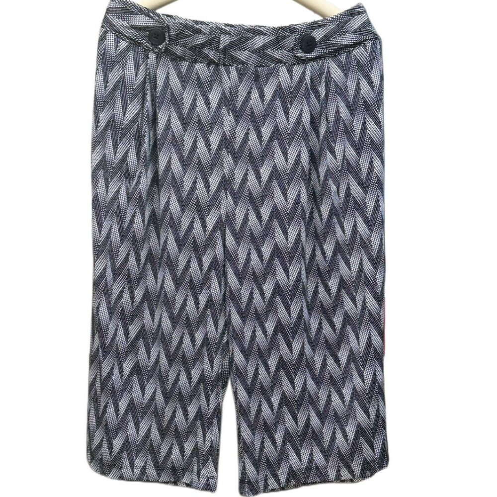 Robert Louis Wide Leg Culottes Pockets Pant Black White Chevron Elastic Waist XL
